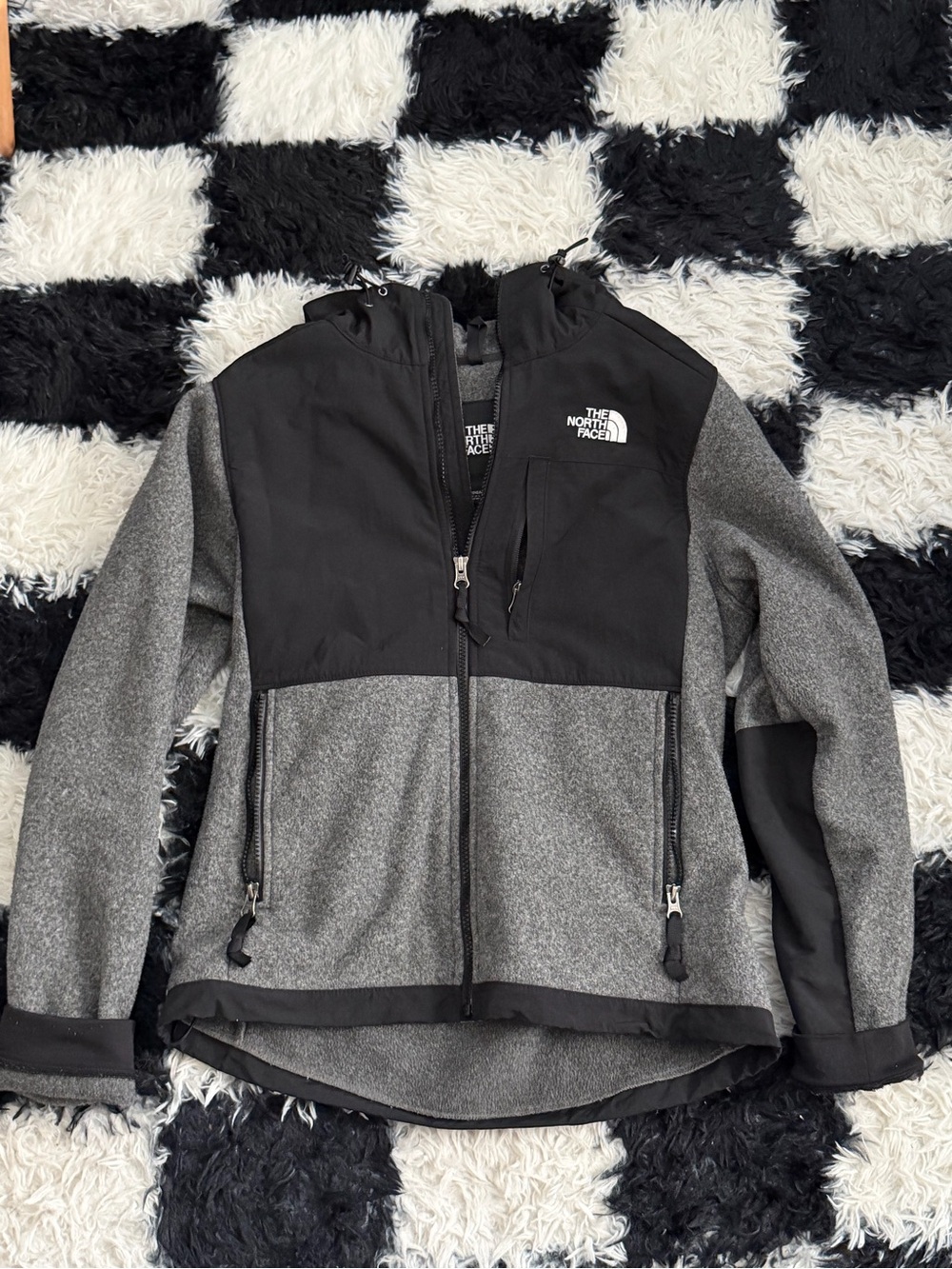 The North Face Gray and Black Hooded Denali Fleece Jacket